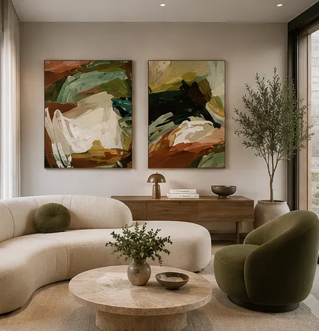 Calm waiting lounge at a psychology practice with soft seating and warm artwork