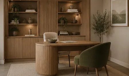 Warm timber consulting room at Mindora Psychology with a desk and olive-green chairs